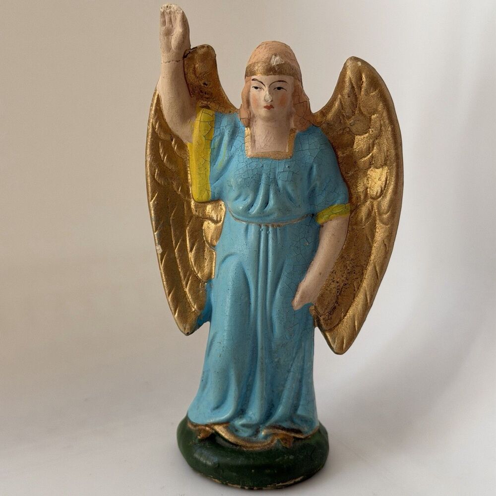 Vintage German Nativity Angel Figurine 6” Blue Robe Gold Wings Hand Painted